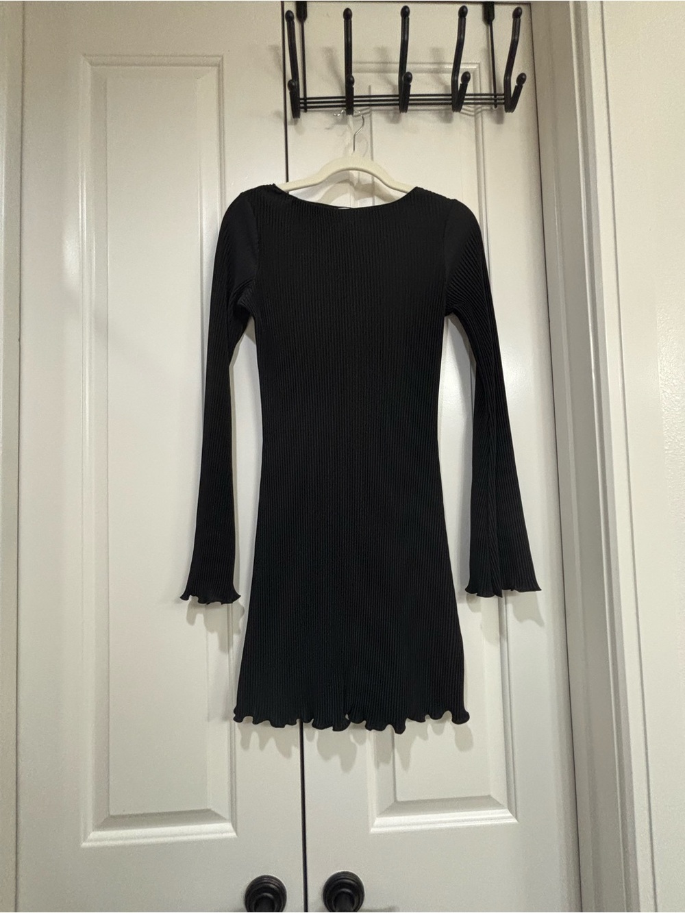Black Ribbed Long-Sleeve Mini Dress